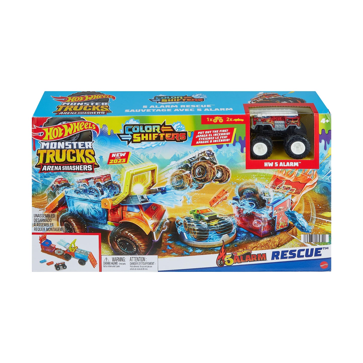 Hot Wheels Monster Trucks Color Shifters 5 Alarm Rescue Playset – 2 Demolition Cars & Trailer