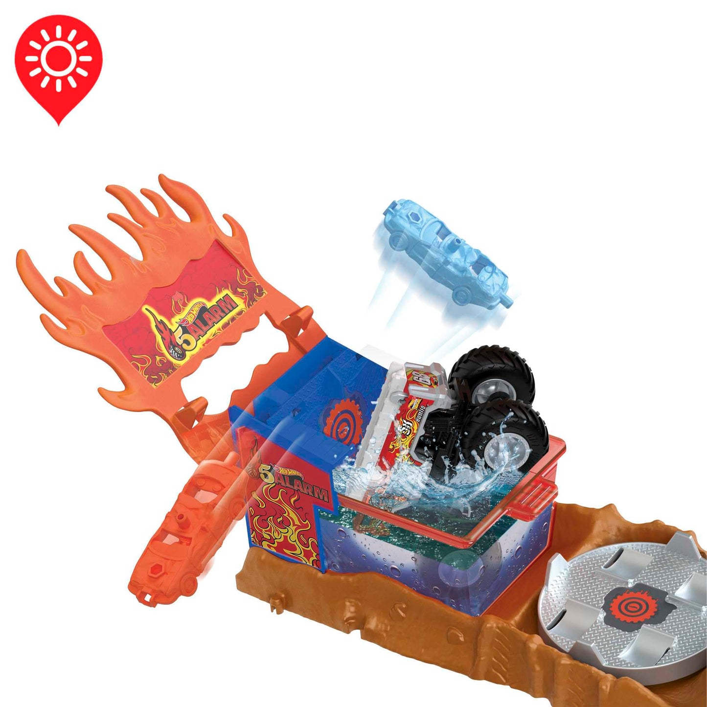 Hot Wheels Monster Trucks Color Shifters 5 Alarm Rescue Playset – 2 Demolition Cars & Trailer