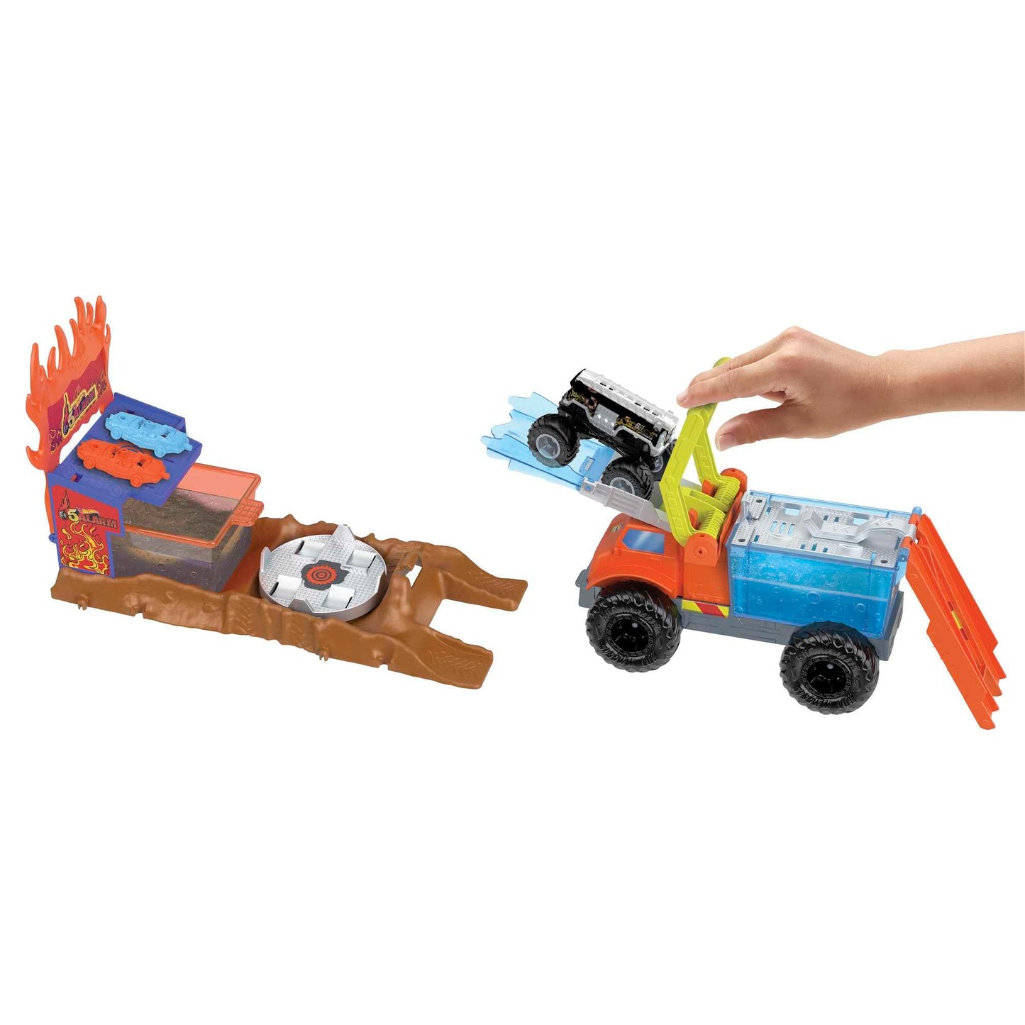 Hot Wheels Monster Trucks Color Shifters 5 Alarm Rescue Playset – 2 Demolition Cars & Trailer