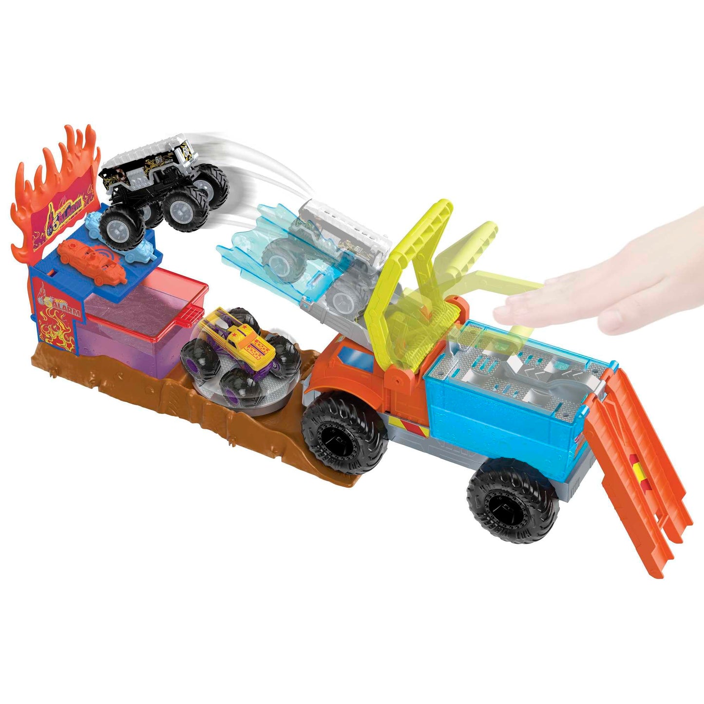 Hot Wheels Monster Trucks Color Shifters 5 Alarm Rescue Playset – 2 Demolition Cars & Trailer