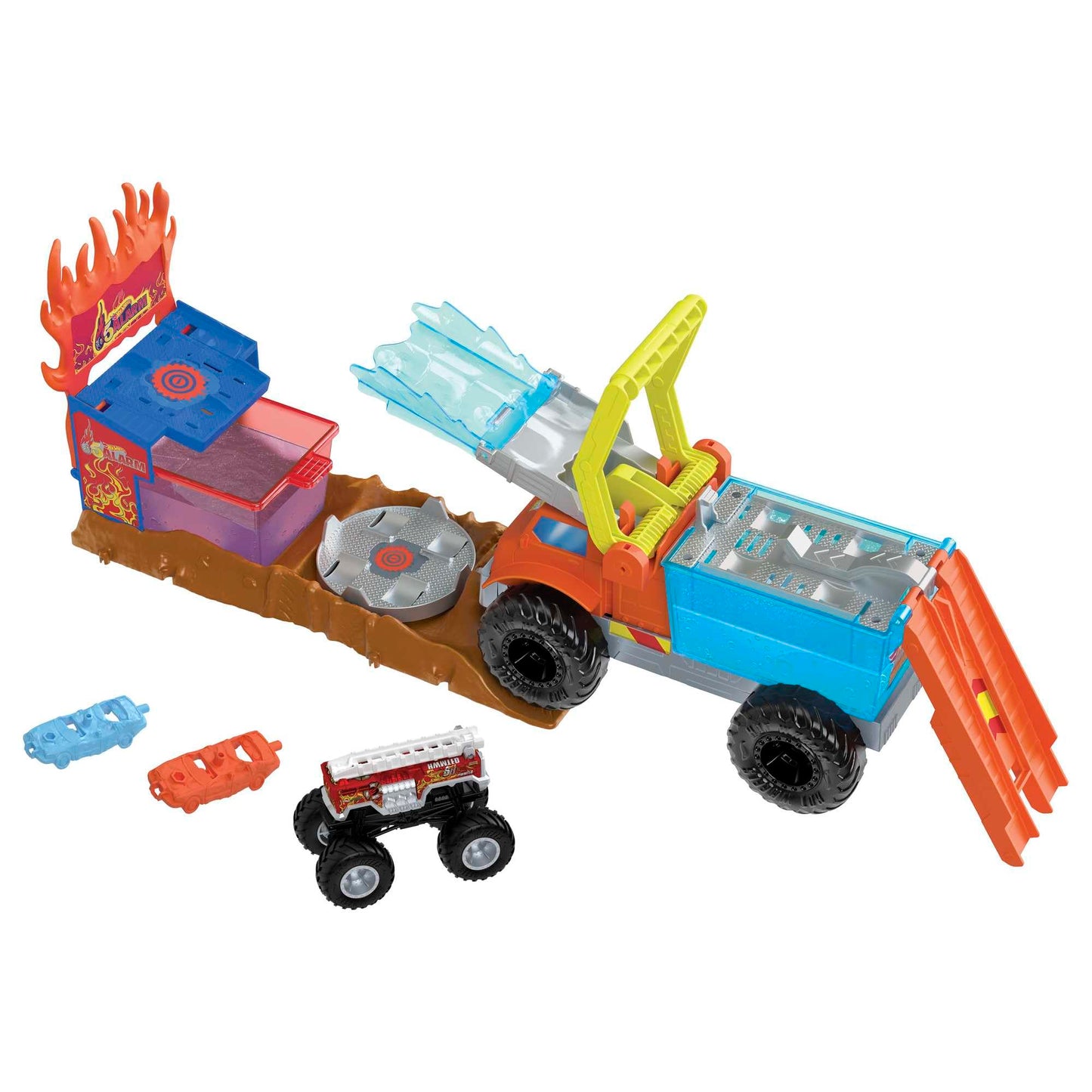Hot Wheels Monster Trucks Color Shifters 5 Alarm Rescue Playset – 2 Demolition Cars & Trailer