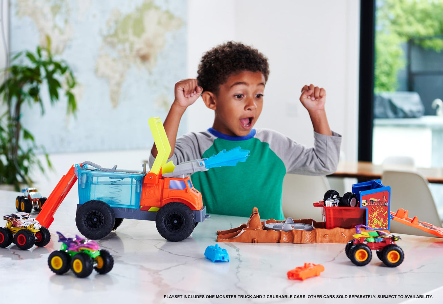 Hot Wheels Monster Trucks Color Shifters 5 Alarm Rescue Playset – 2 Demolition Cars & Trailer