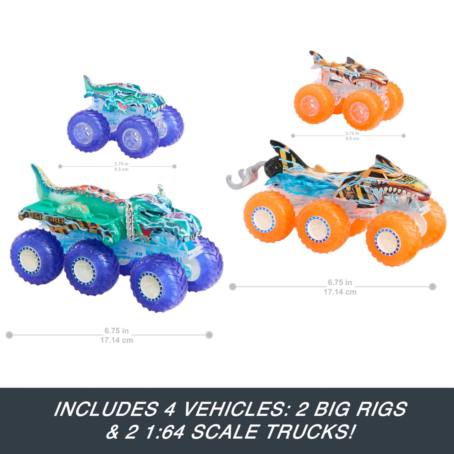 Hot Wheels Power Smashers Monster Trucks Multipack: Tiger Shark & Mega-Wrex with Big Rigs (1:64)