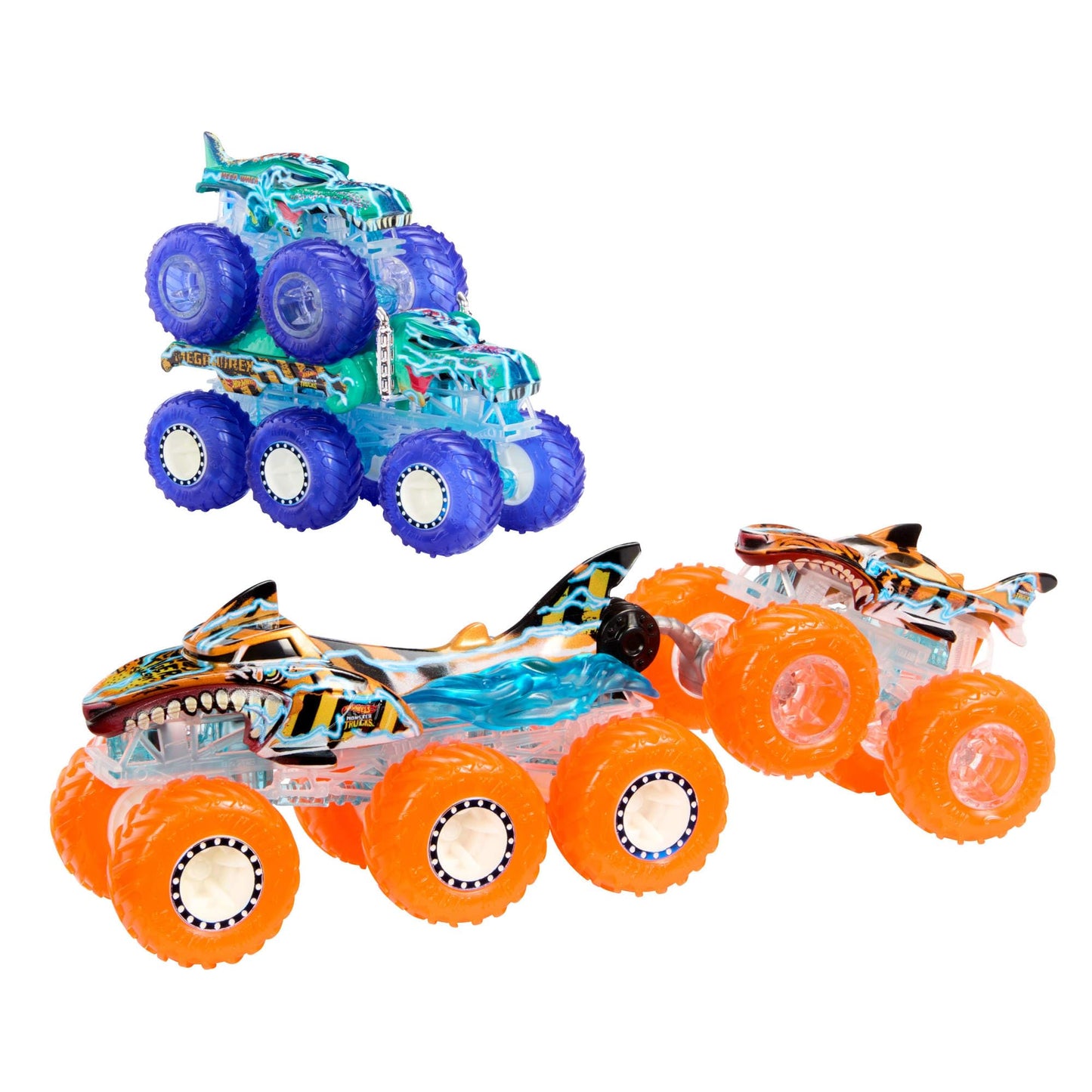 Hot Wheels Power Smashers Monster Trucks Multipack: Tiger Shark & Mega-Wrex with Big Rigs (1:64)
