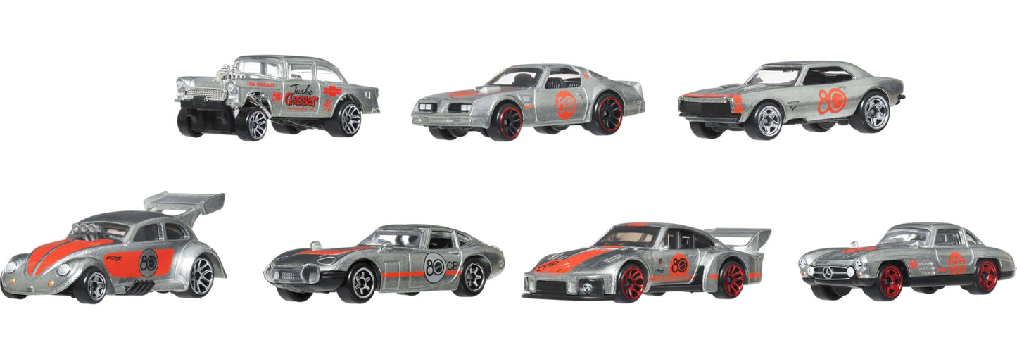 Hot Wheels 80th Anniversary 7-Pack Die-Cast Mini Cars – Zamac Finish, 3+ (JHF01)