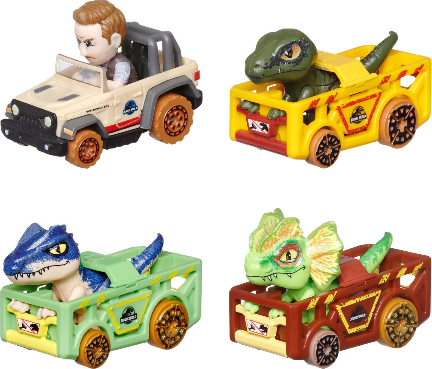 Hot Wheels RacerVerse Jurassic World 4-Pack Die-Cast Vehicles – Owen, Charlie, Dilophosaurus & Allosaurus