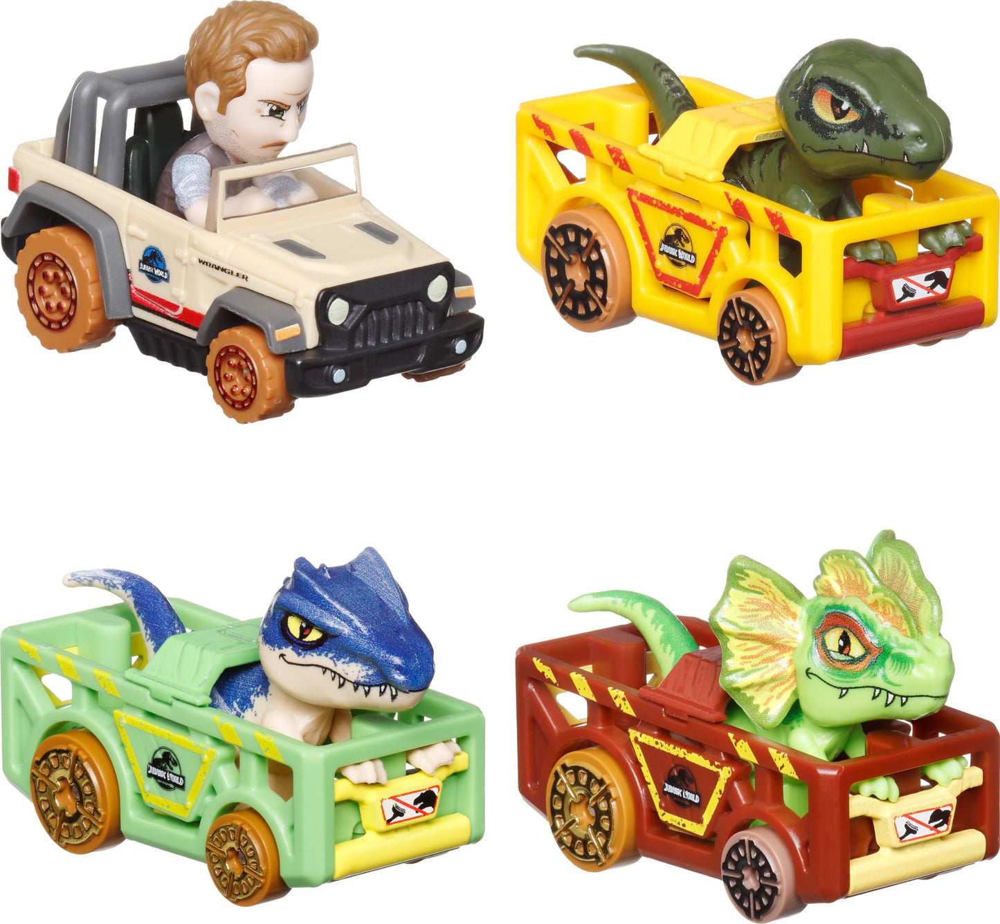 Hot Wheels RacerVerse Jurassic World 4-Pack Die-Cast Vehicles – Owen, Charlie, Dilophosaurus & Allosaurus