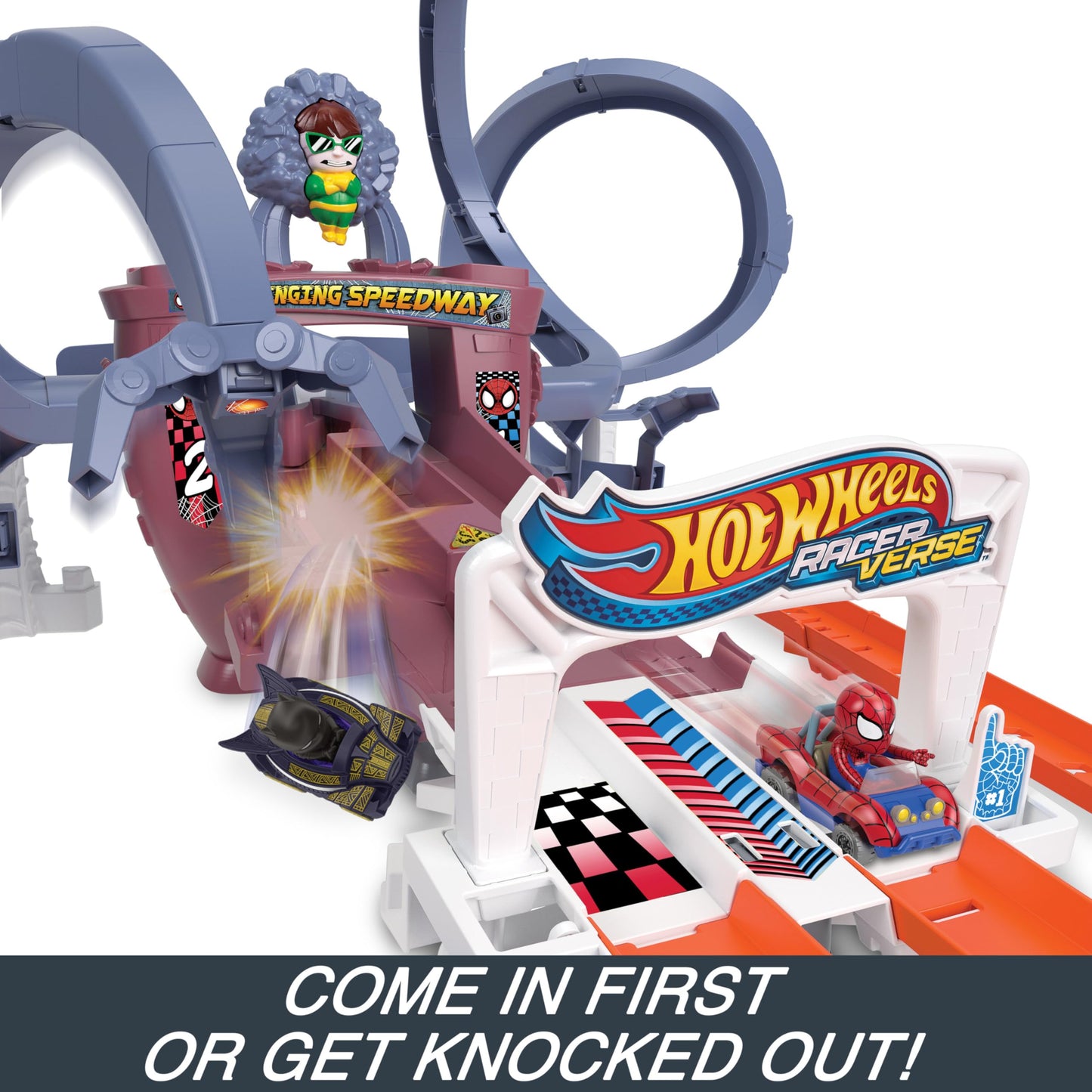 Hot Wheels RacerVerse Spider-Man’s Web-Slinging Speedway — 2 Die-Cast Cars