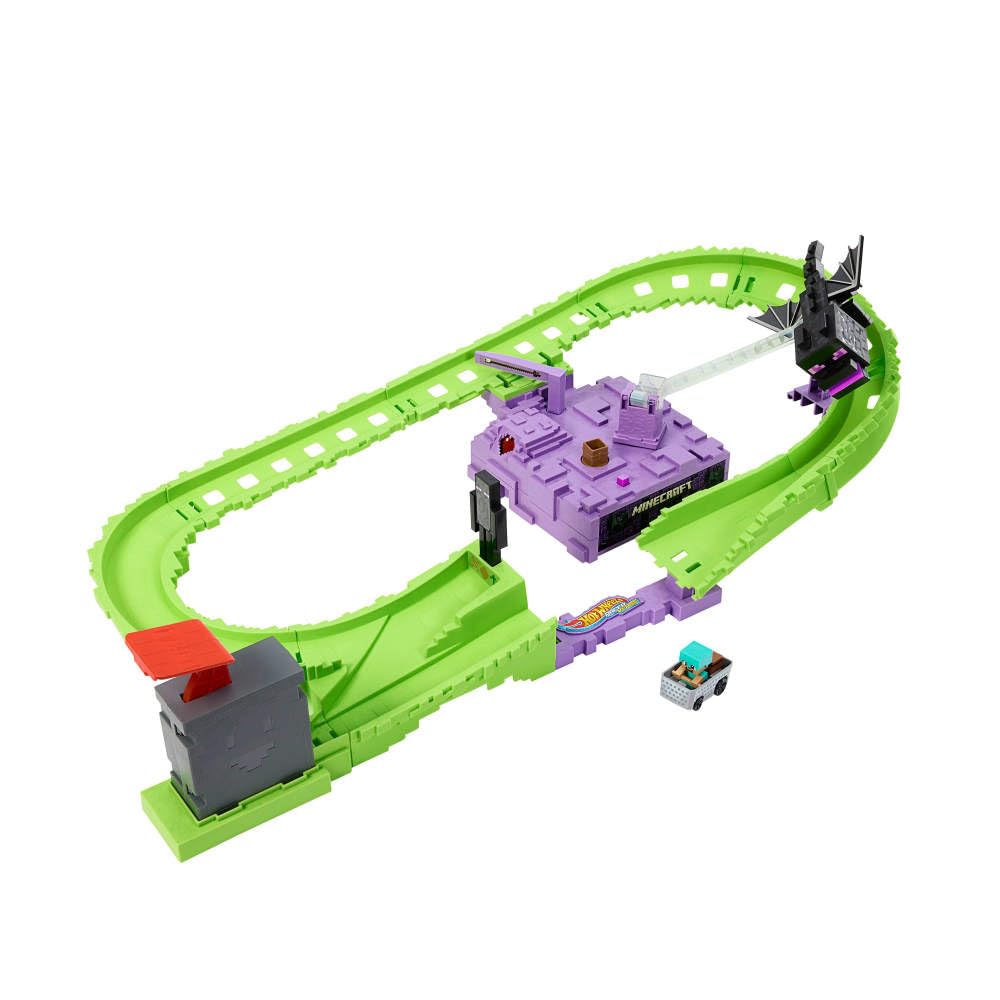 Hot Wheels RacerVerse Minecraft Track Set with Diamond Armor Steve & Ender Dragon