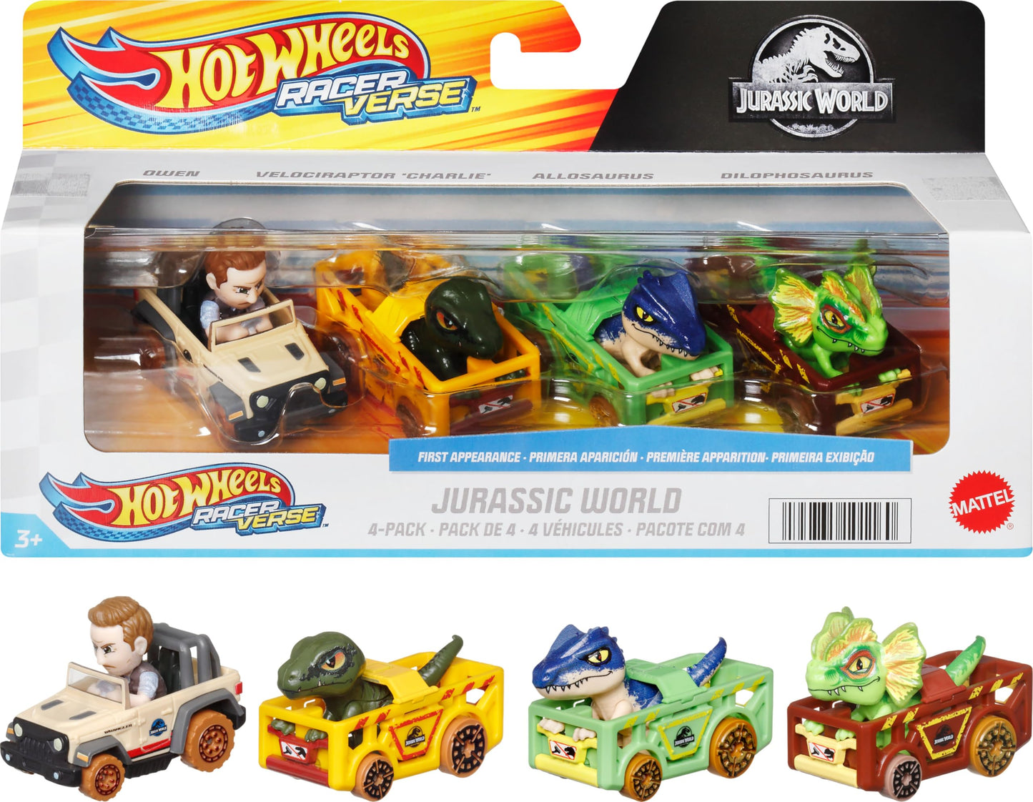 Hot Wheels RacerVerse Jurassic World 4-Pack Die-Cast Vehicles – Owen, Charlie, Dilophosaurus & Allosaurus