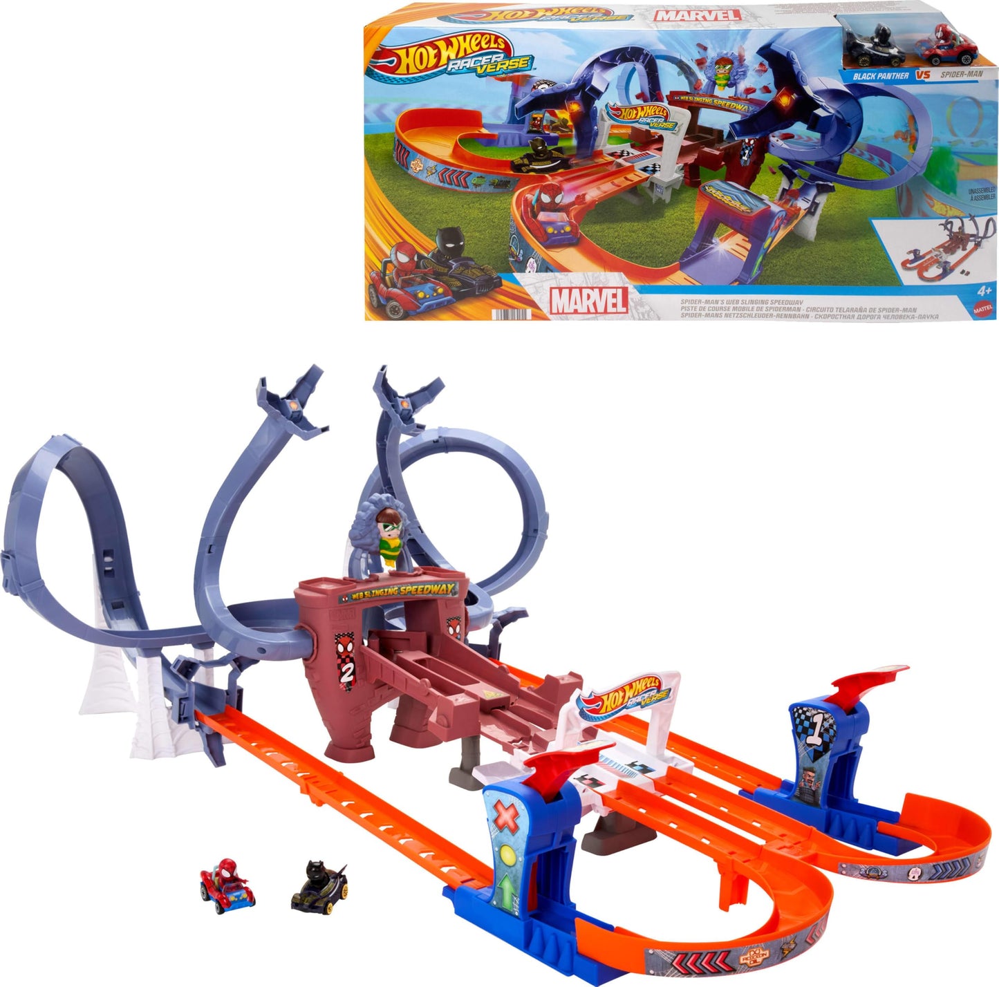 Hot Wheels RacerVerse Spider-Man’s Web-Slinging Speedway — 2 Die-Cast Cars