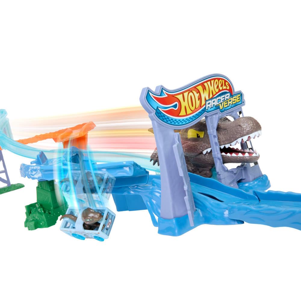 Hot Wheels RacerVerse Jurassic World Track Set: Velociraptor vs Spinosaurus – Crash & Splash Playset