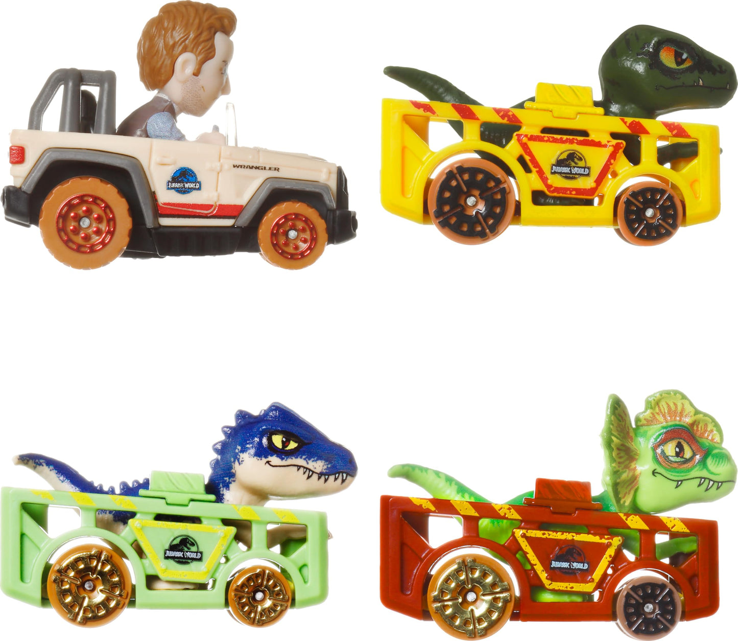 Hot Wheels RacerVerse Jurassic World 4-Pack Die-Cast Vehicles – Owen, Charlie, Dilophosaurus & Allosaurus