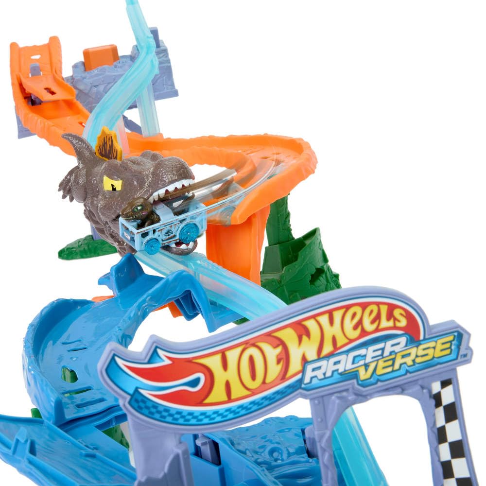 Hot Wheels RacerVerse Jurassic World Track Set: Velociraptor vs Spinosaurus – Crash & Splash Playset