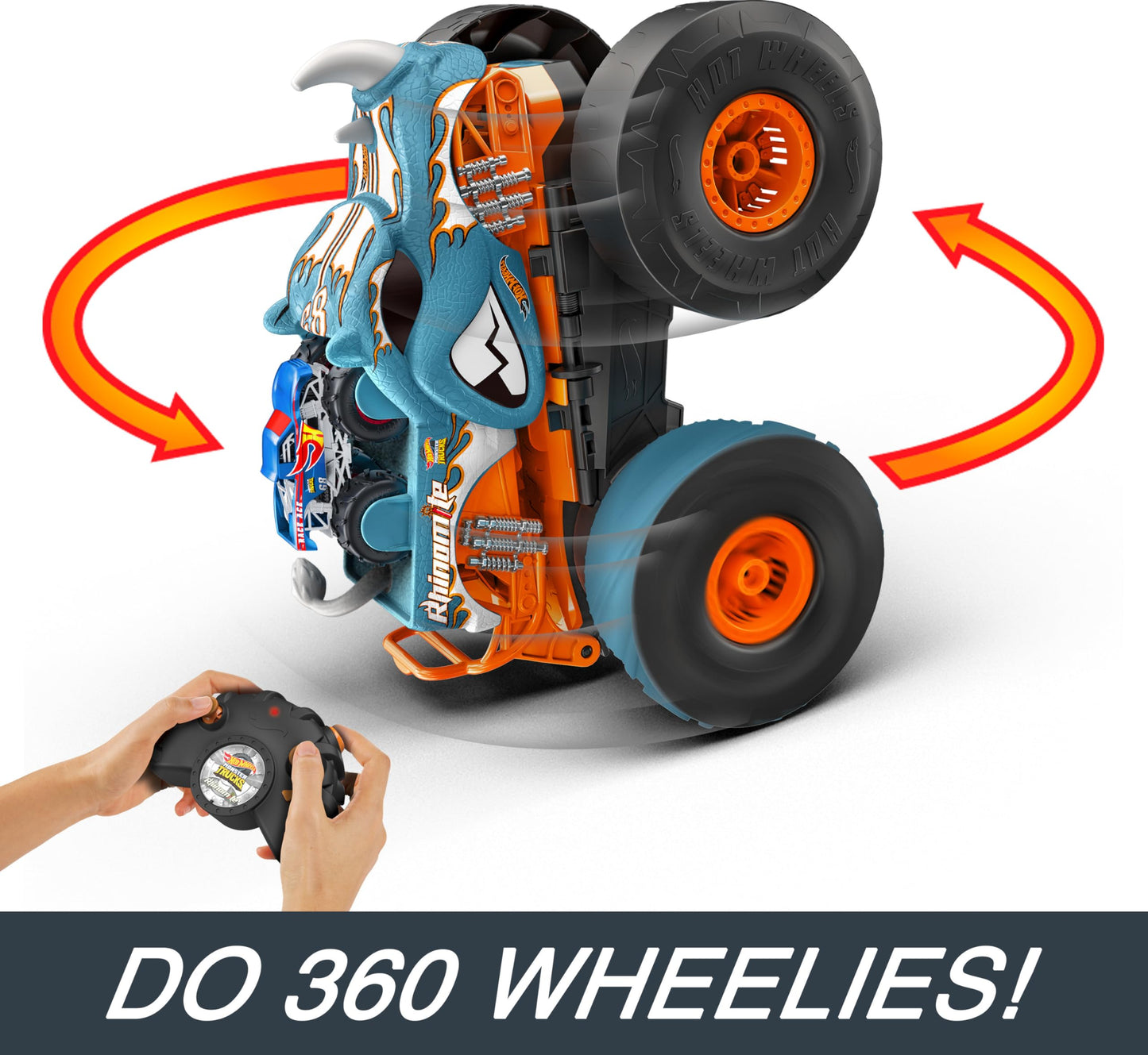 Hot Wheels Monster Trucks Transforming Rhinomite RC – 1:12 Scale with Booster Launcher for 1:64 Race Ace