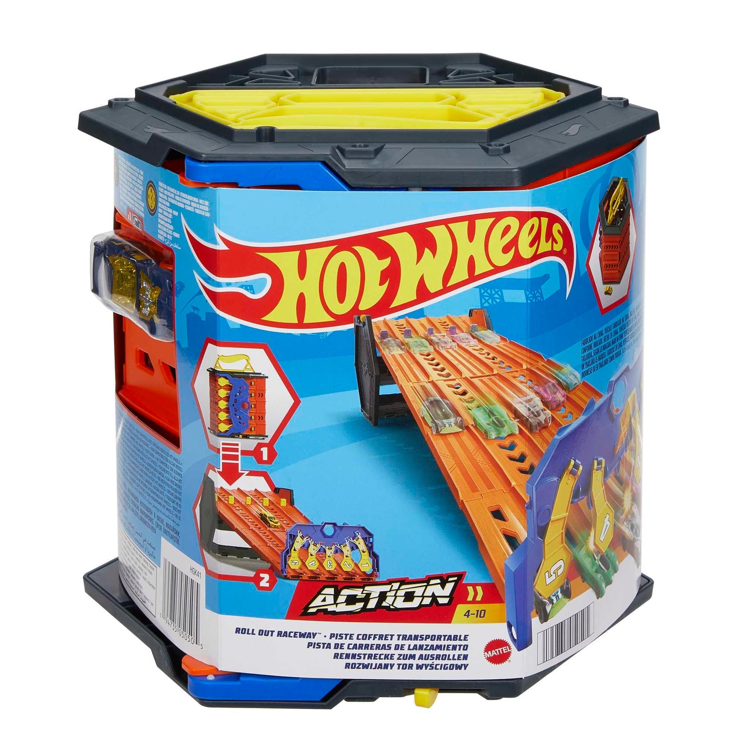 Hot Wheels Roll Out Raceway Track Set – 5-Lane, Storage Bucket, Includes Car | Ages 4–10 | HGK41