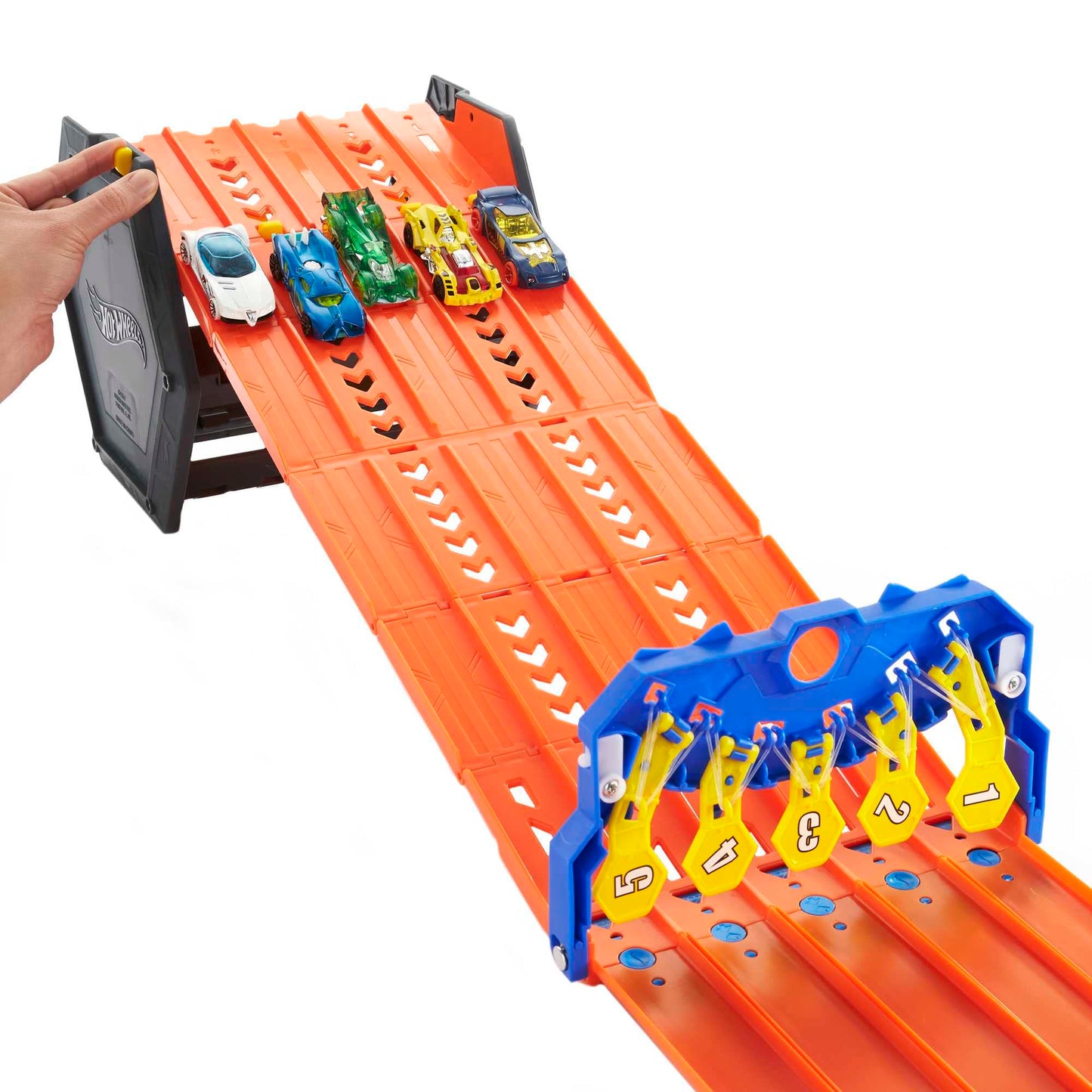 Hot Wheels Roll Out Raceway Track Set – 5-Lane, Storage Bucket, Includes Car | Ages 4–10 | HGK41