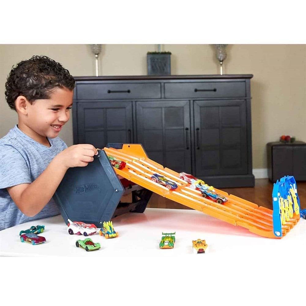 Hot Wheels Roll Out Raceway — 5-Lane Track Set with Built-In Storage | Portable Toy Race Track