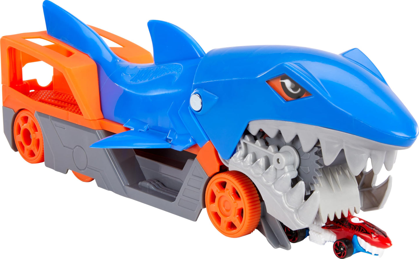 Hot Wheels Shark Chomp Transport Playset — 1:64 Scale Hauler with Belly Storage and Back Ramp