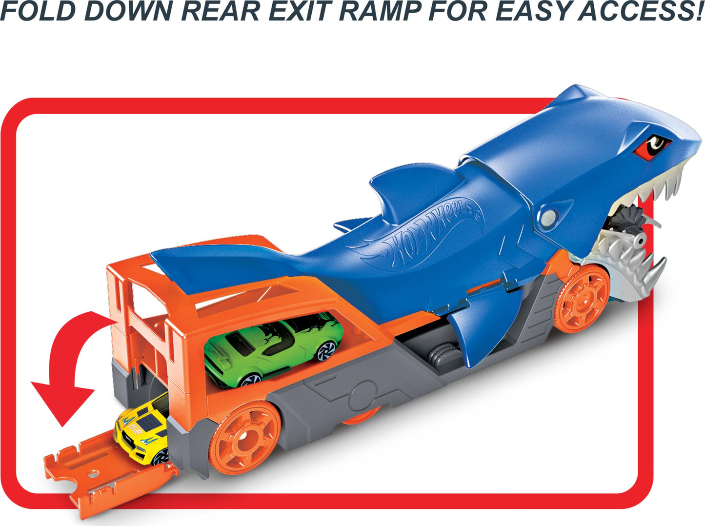 Hot Wheels Shark Chomp Transport Playset — 1:64 Scale Hauler with Belly Storage and Back Ramp