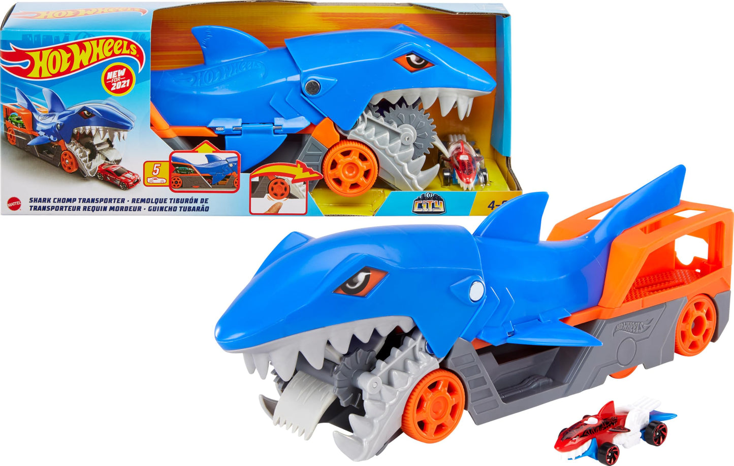 Hot Wheels Shark Chomp Transport Playset — 1:64 Scale Hauler with Belly Storage and Back Ramp