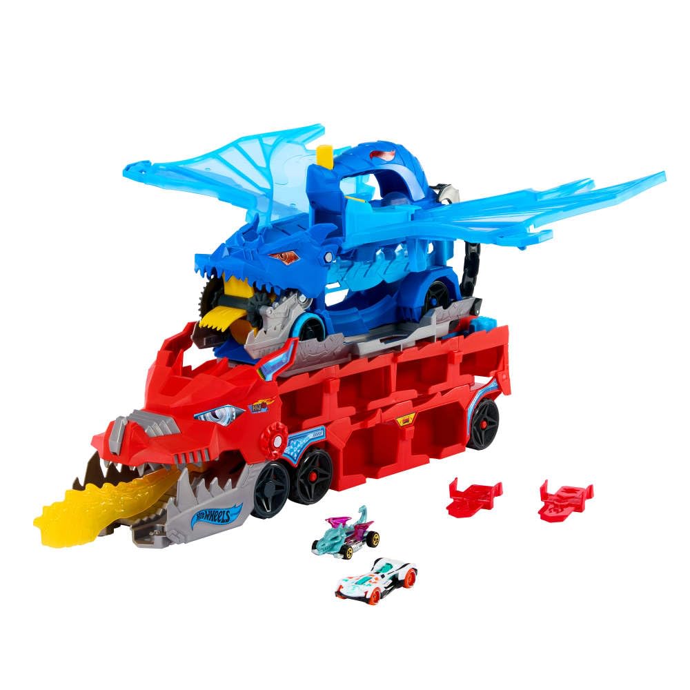 Hot Wheels Ultimate Dual Dragon Transporter Track Set – 2 Die-Cast Cars & 20+ Vehicle Storage