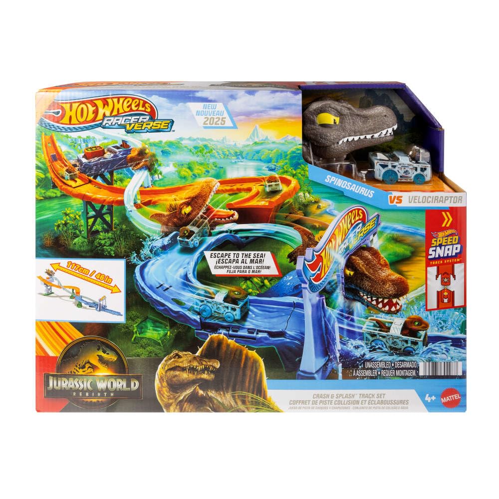 Hot Wheels RacerVerse Jurassic World Track Set: Velociraptor vs Spinosaurus – Crash & Splash Playset