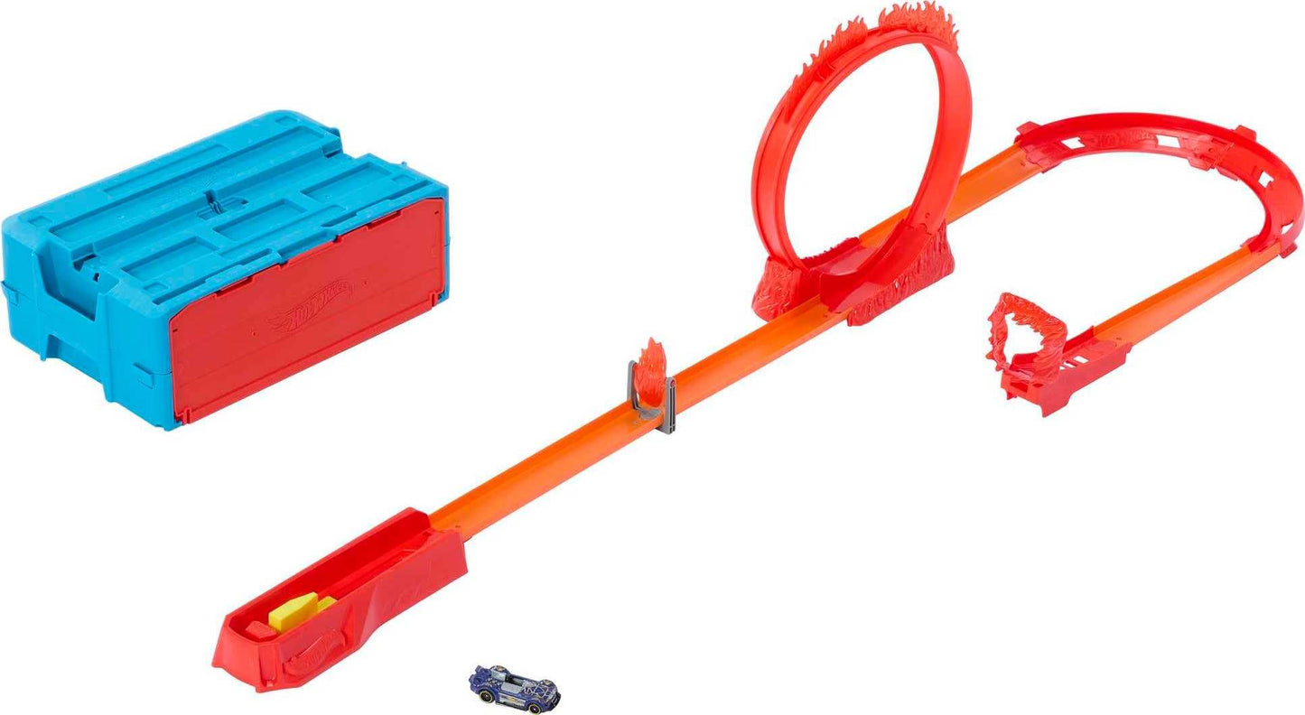 Hot Wheels Track Builder Flame Stunt Pack – 16-Piece Track Set with 1:64 Car