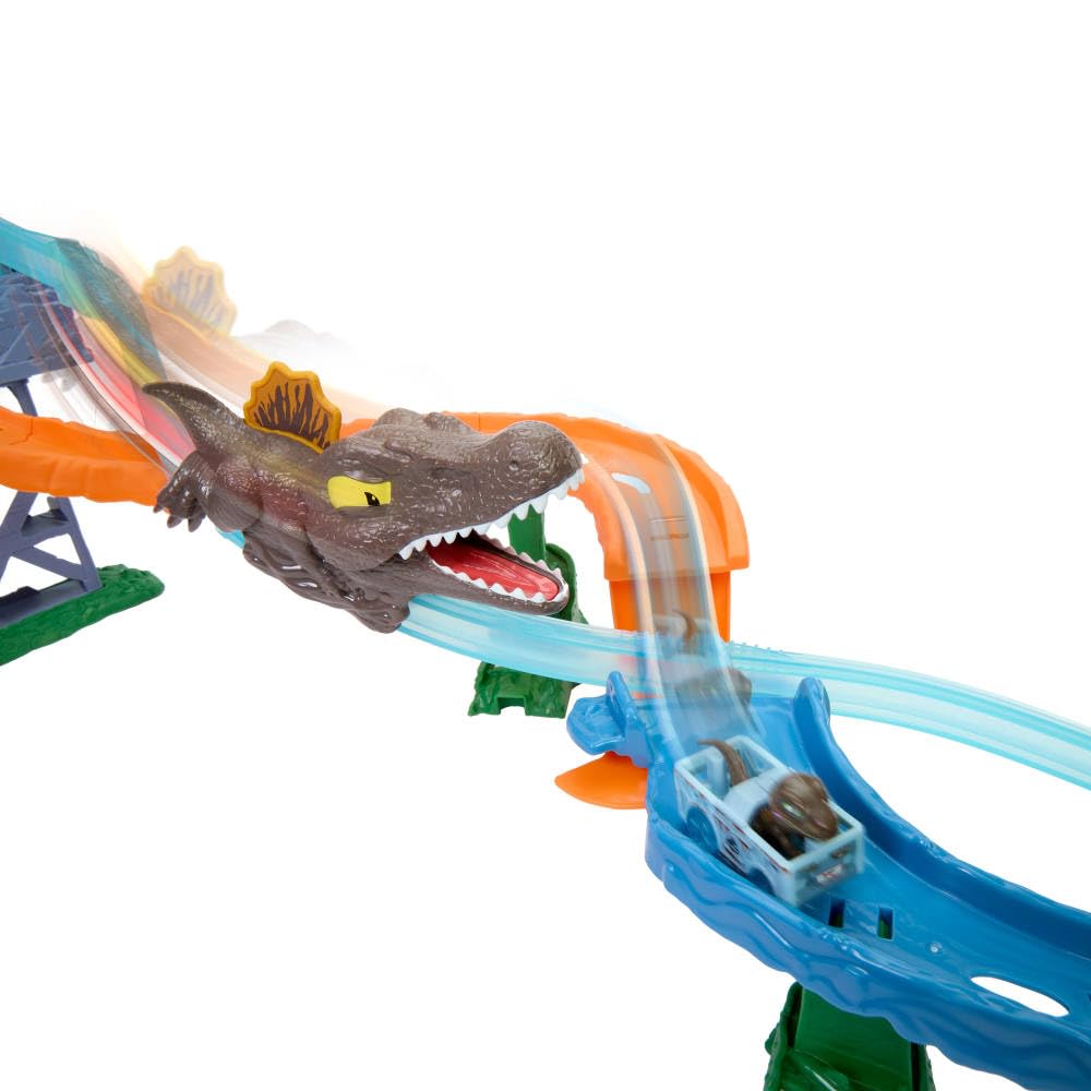 Hot Wheels RacerVerse Jurassic World Track Set: Velociraptor vs Spinosaurus – Crash & Splash Playset