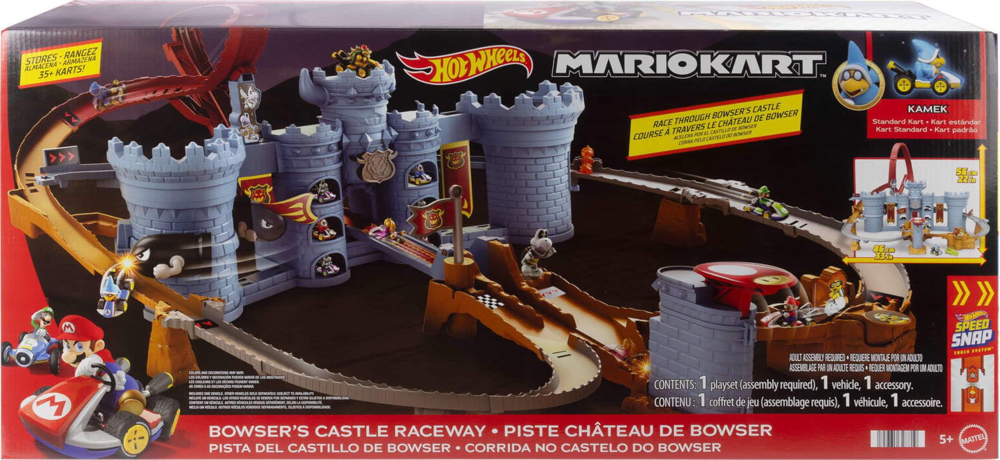 Hot Wheels Mario Kart Bowser's Castle Track Set with 1:64 Kamek – Interactive Racing and 38-Vehicle Storage