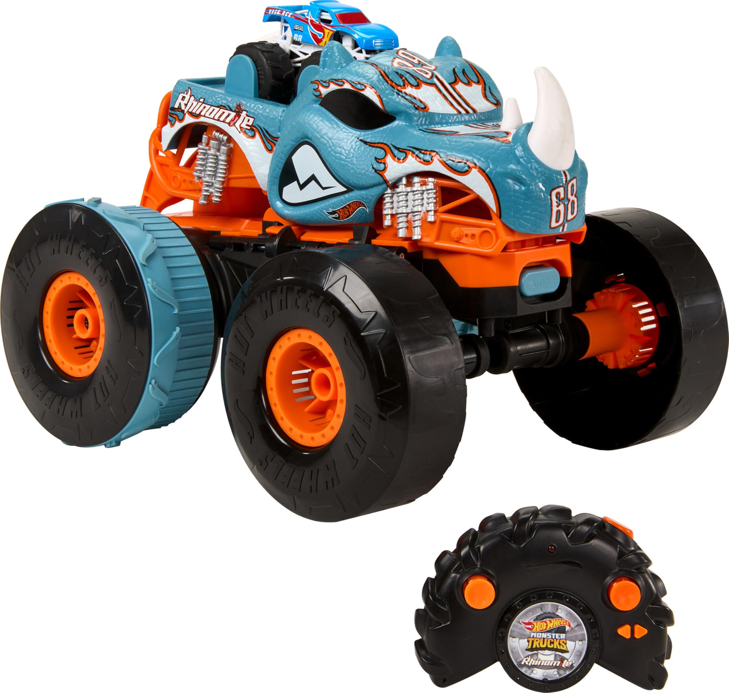 Hot Wheels Monster Trucks Transforming Rhinomite RC – 1:12 Scale with Booster Launcher for 1:64 Race Ace