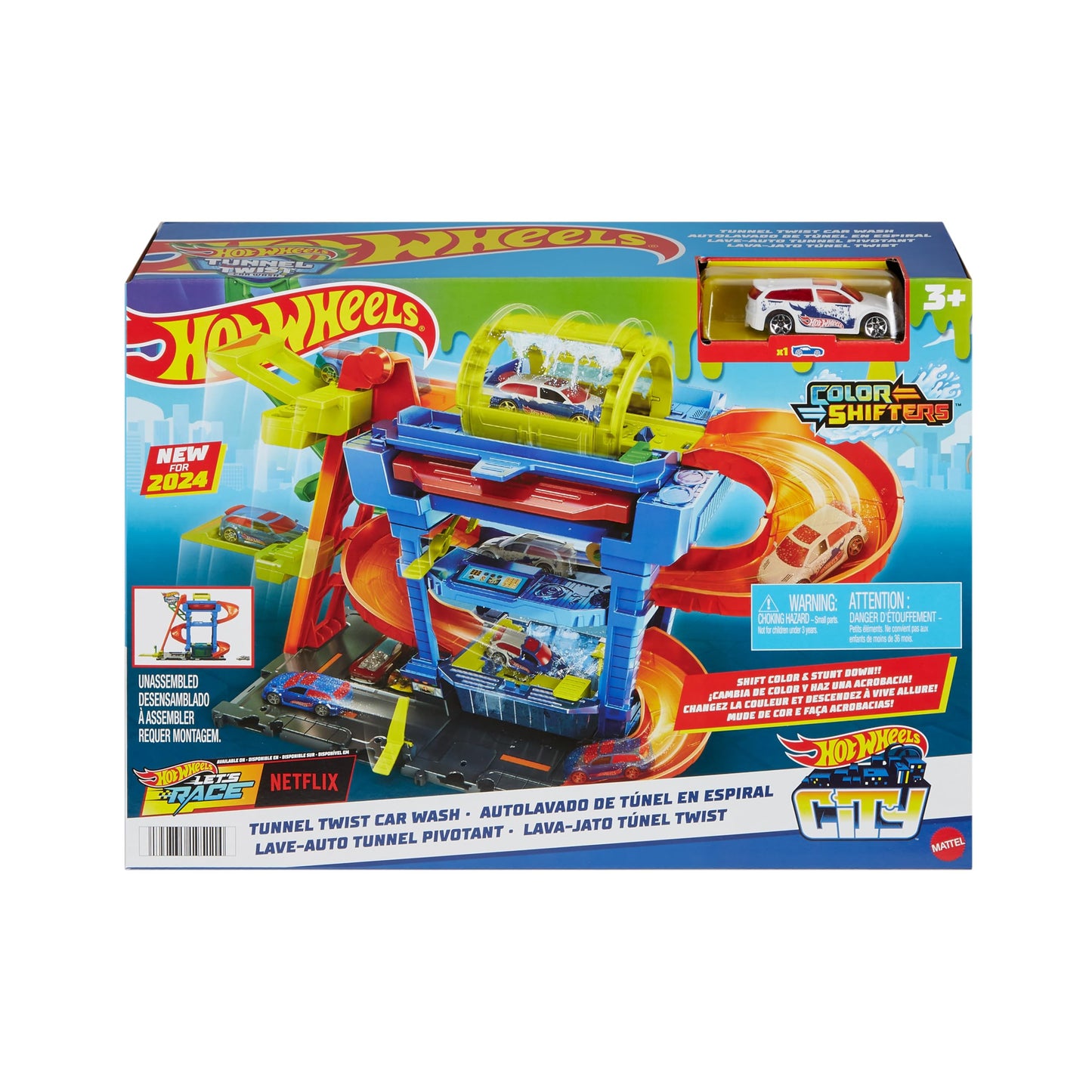 Hot Wheels Tunl Twist Car Wash 18pc – Color-Shifting Playset