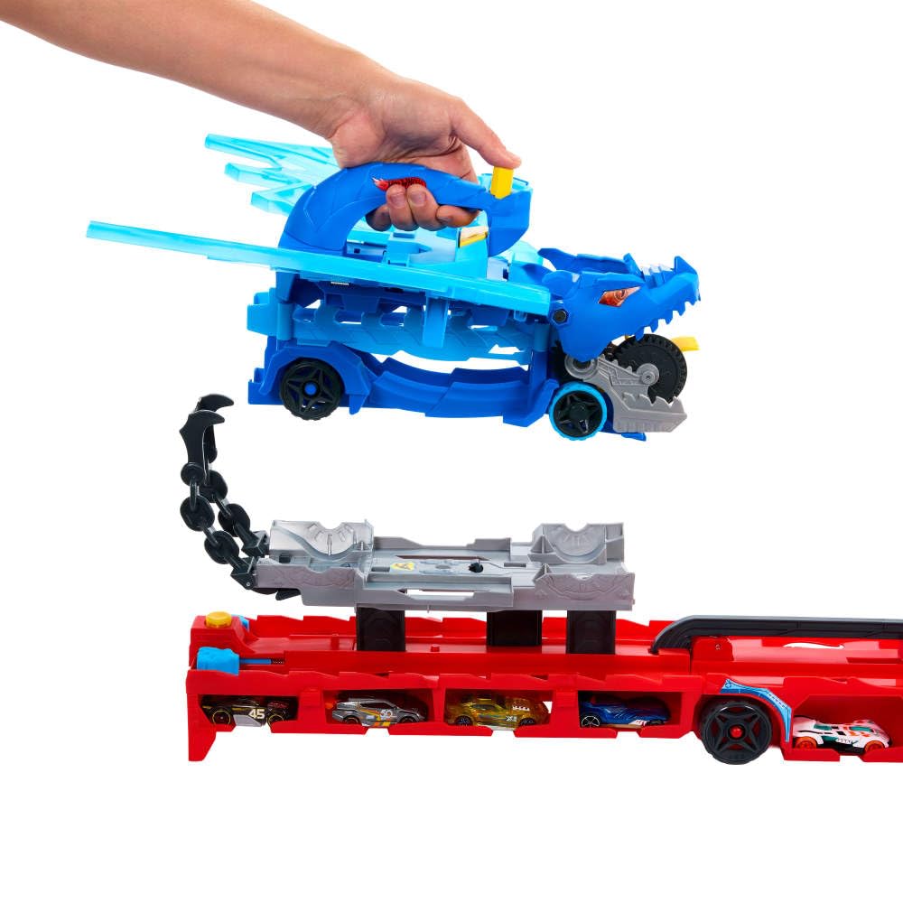 Hot Wheels Ultimate Dual Dragon Transporter Track Set – 2 Die-Cast Cars & 20+ Vehicle Storage