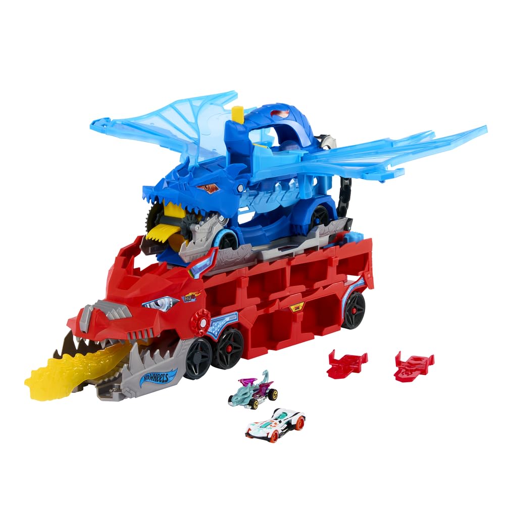 Hot Wheels Ultimate Dual Dragon Transporter — 2 Die-Cast Cars, 20+ Vehicle Storage