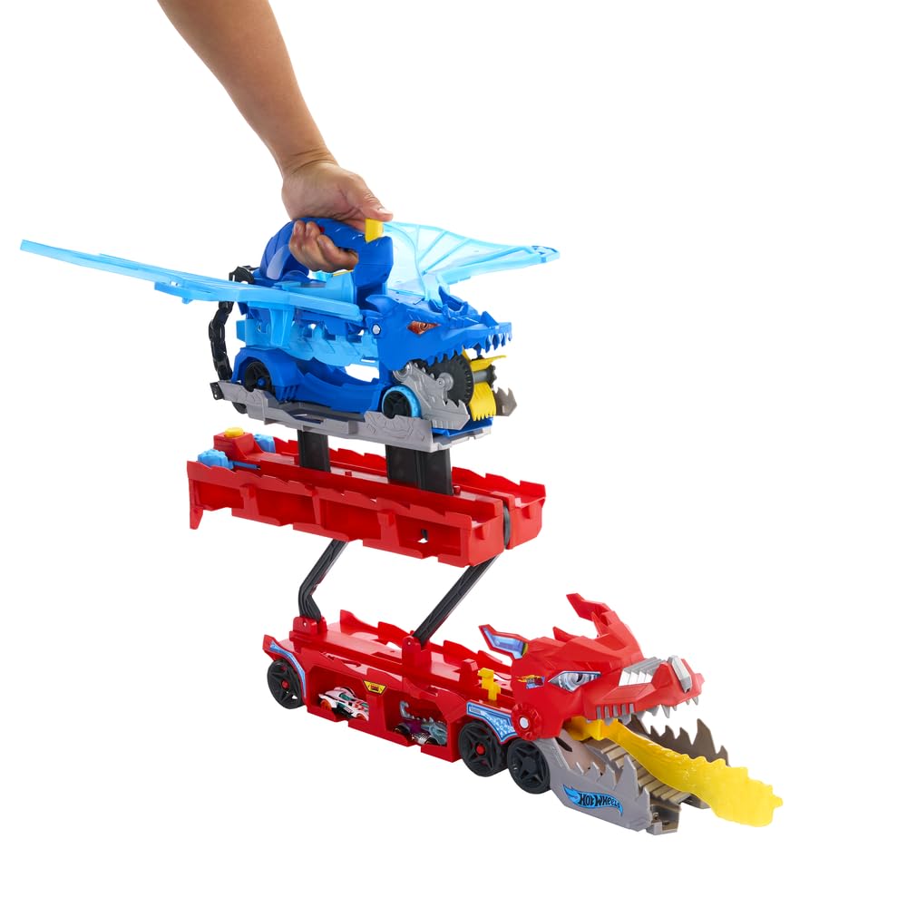 Hot Wheels Ultimate Dual Dragon Transporter — 2 Die-Cast Cars, 20+ Vehicle Storage
