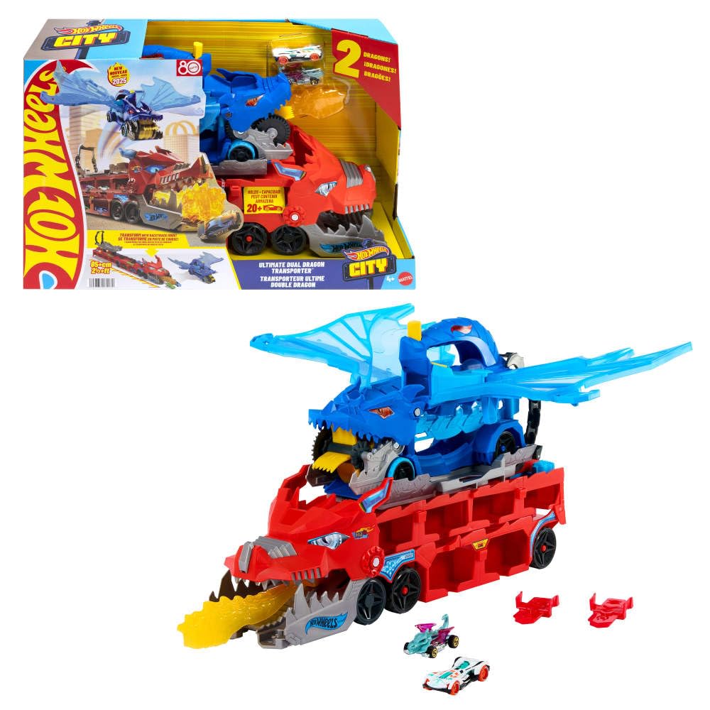 Hot Wheels Ultimate Dual Dragon Transporter Track Set – 2 Die-Cast Cars & 20+ Vehicle Storage