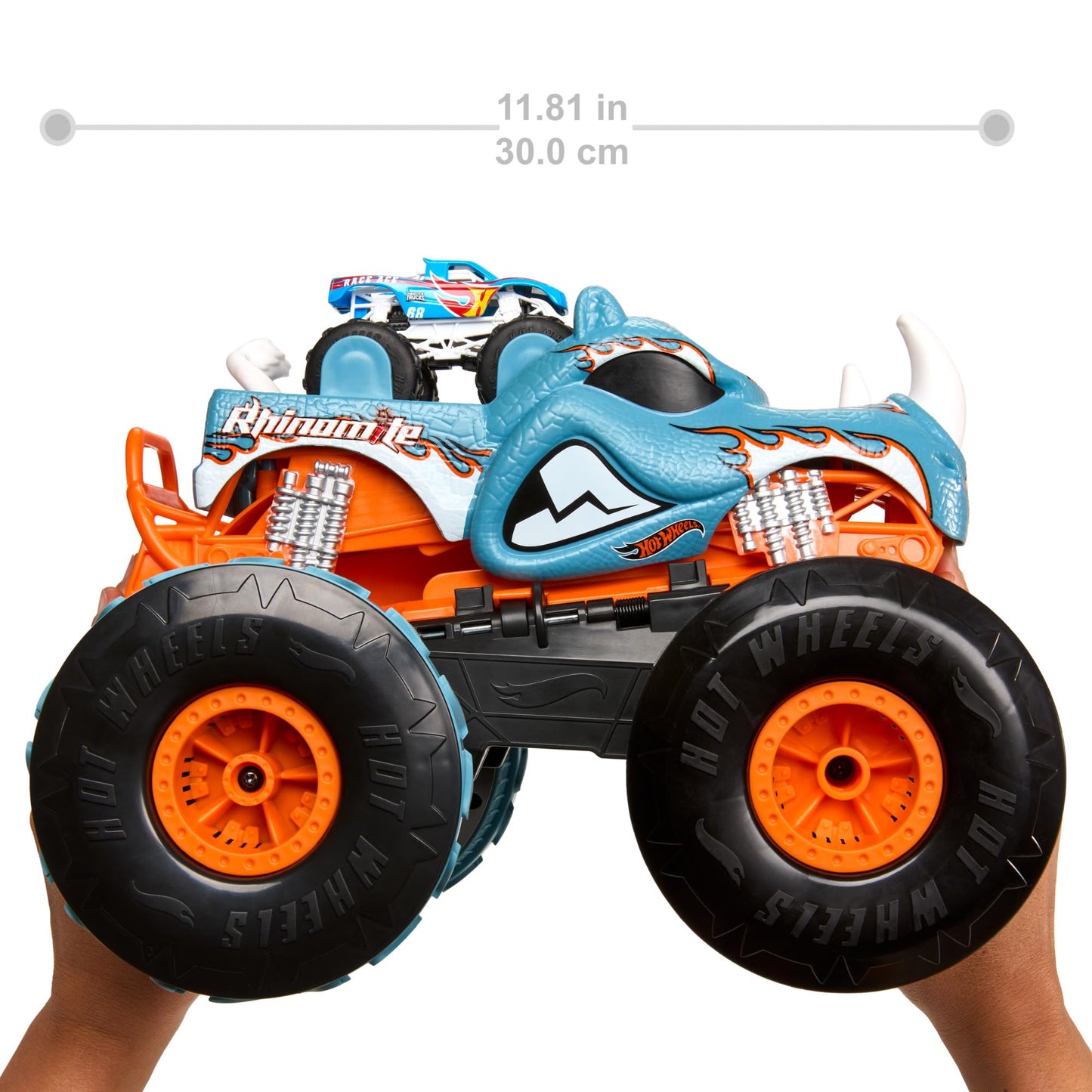 Hot Wheels Monster Trucks Transforming Rhinomite RC – 1:12 Scale with Booster Launcher for 1:64 Race Ace