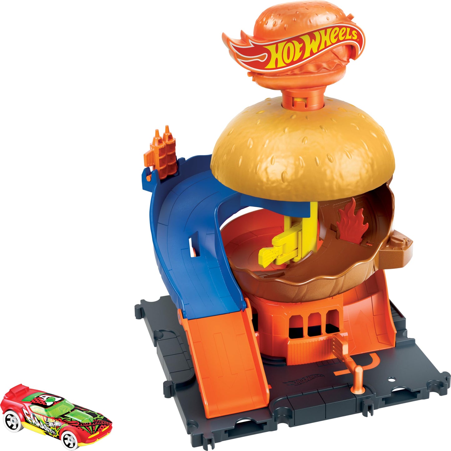 Hot Wheels City Burger Drive-Thru Playset with 1 Vehicle | Connects to Other Playsets & Tracks | Gift for Kids Ages 4 to 8