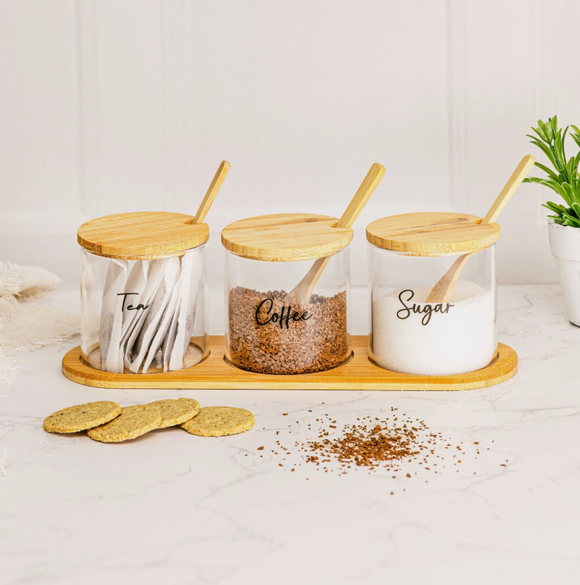 Glass Jar Kitchen Station Set with Wooden Tray Labels and Spoons