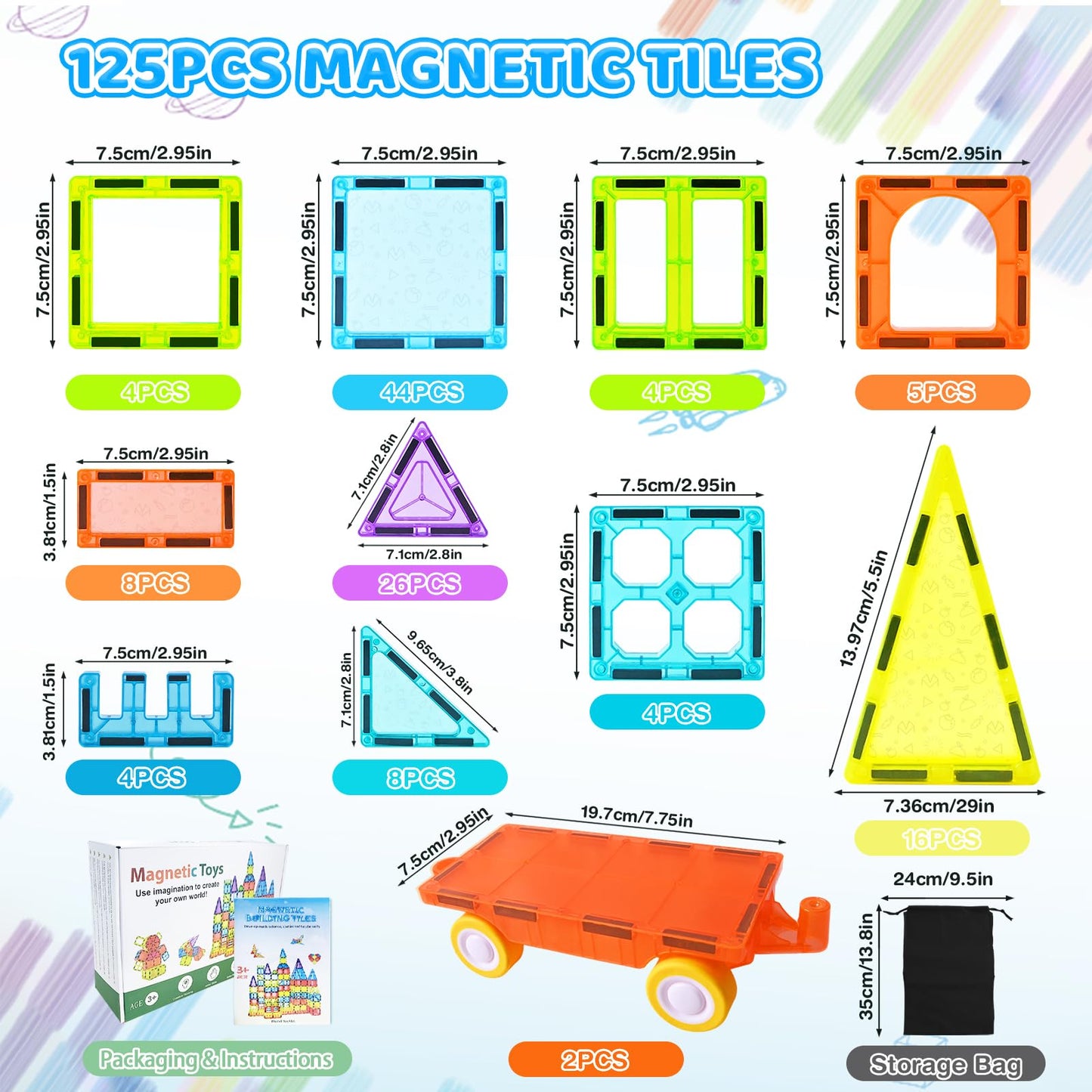 HOTERA Magnetic Tiles 125PCS – 3D STEM Building Blocks for Kids 3-12