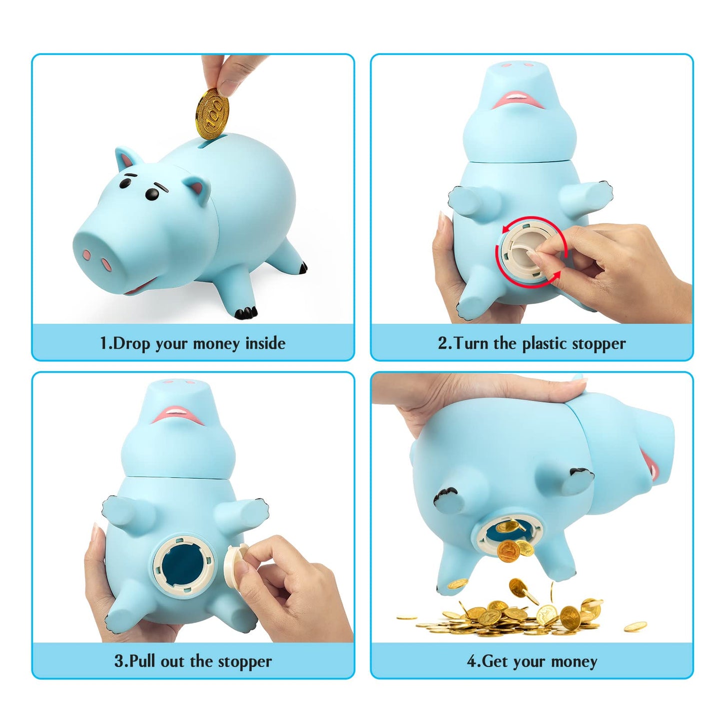 HOTFUN Hamm Piggy Bank Blue – Cute Unbreakable Plastic Coin Bank for Kids