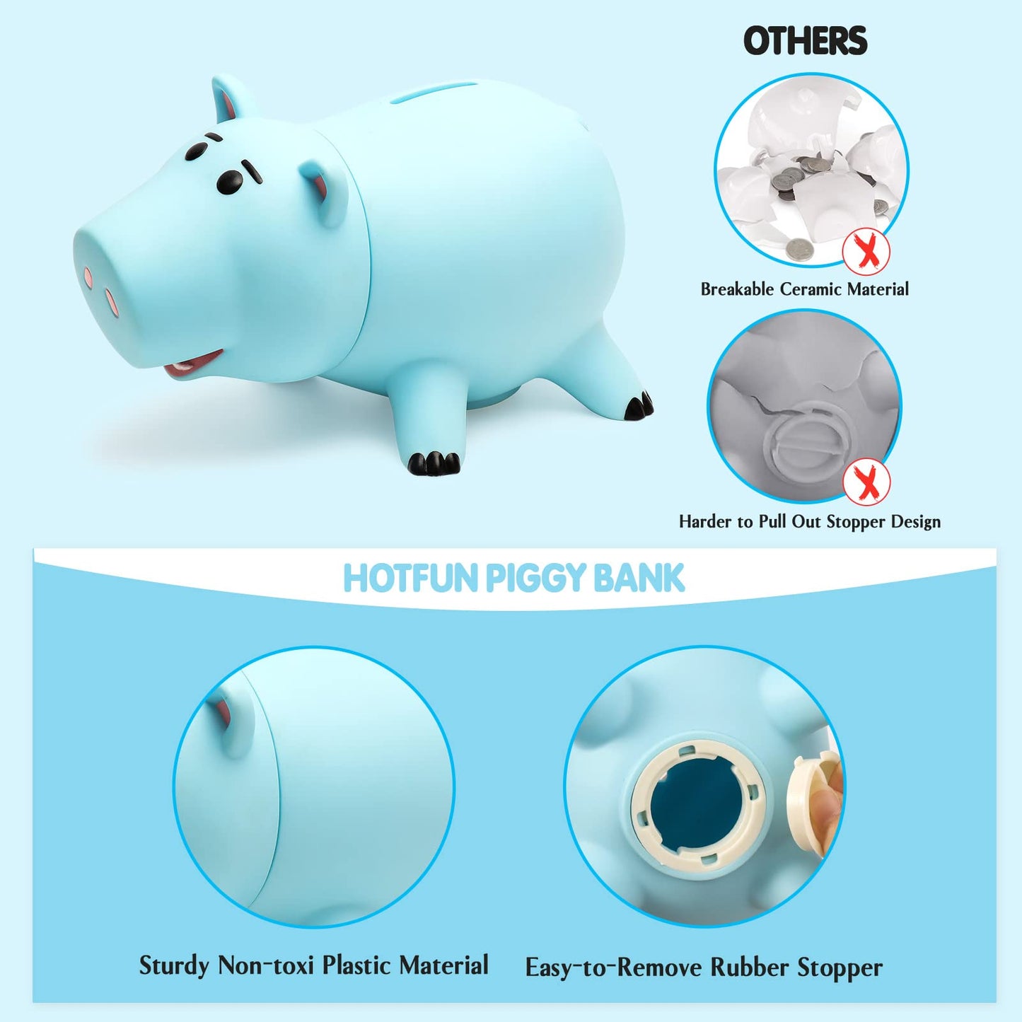 HOTFUN Hamm Piggy Bank Blue – Cute Unbreakable Plastic Coin Bank for Kids