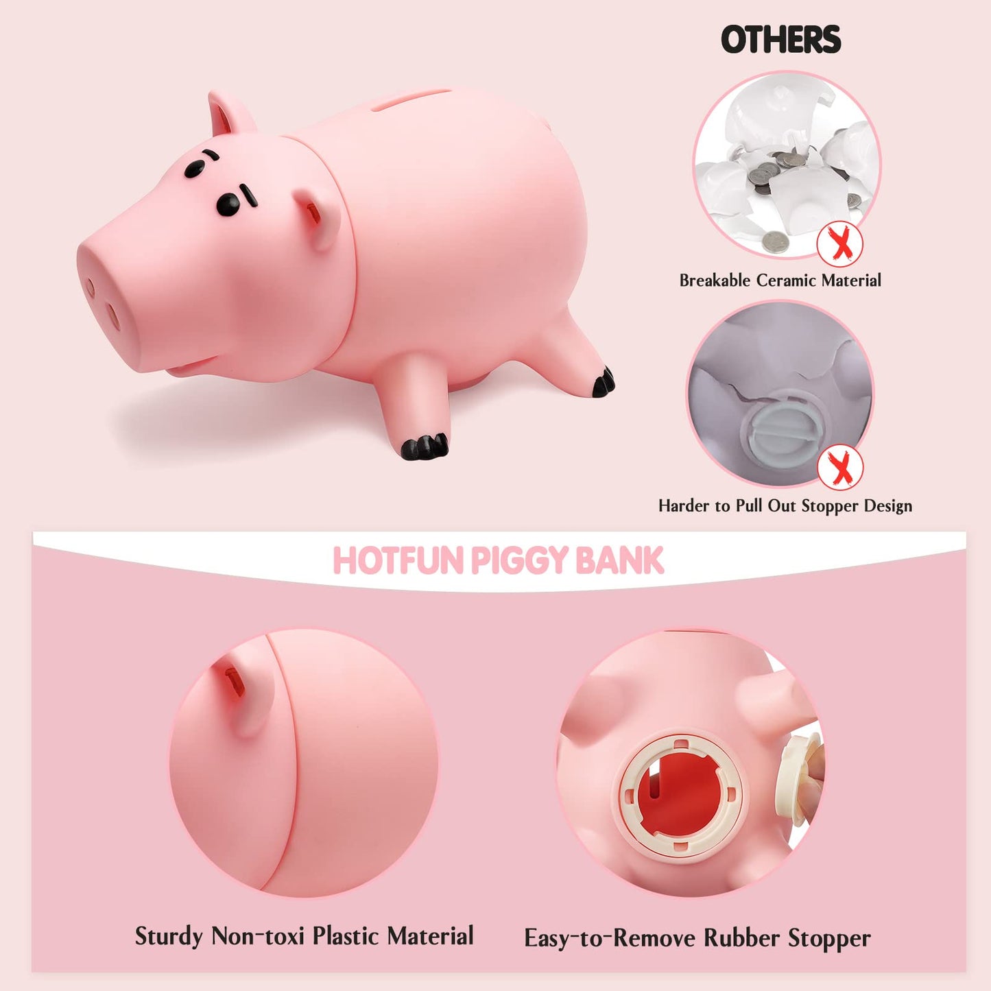 HOTFUN Piggy Bank Pink – Durable Cartoon Coin Bank for Kids, Unbreakable Gift