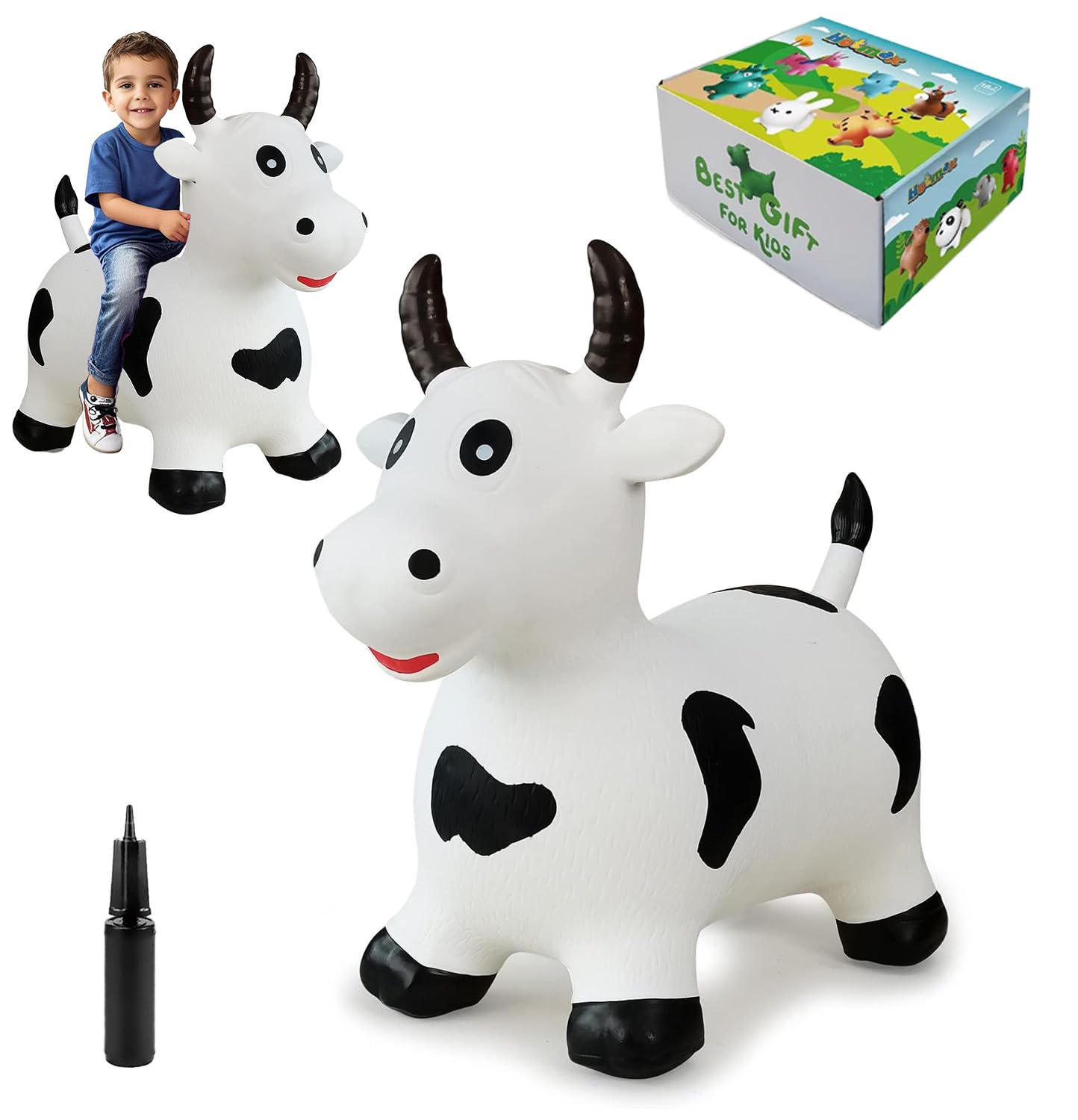 HotMax Bouncy Cow Hopper — Inflatable Ride-On Toy for Toddlers 2-4 (White Cow) | Balance & Active Play
