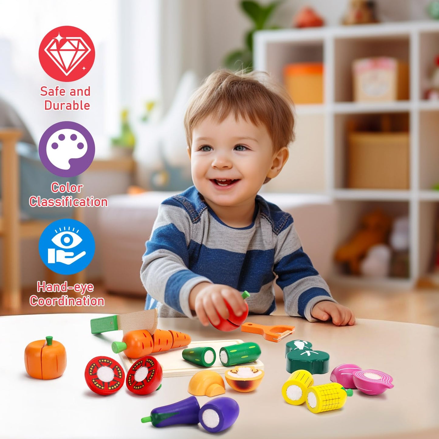 HOTMOODSY Wooden Play Food Set for Toddlers – Pretend Kitchen Veggies Cutting Set, Montessori Gift