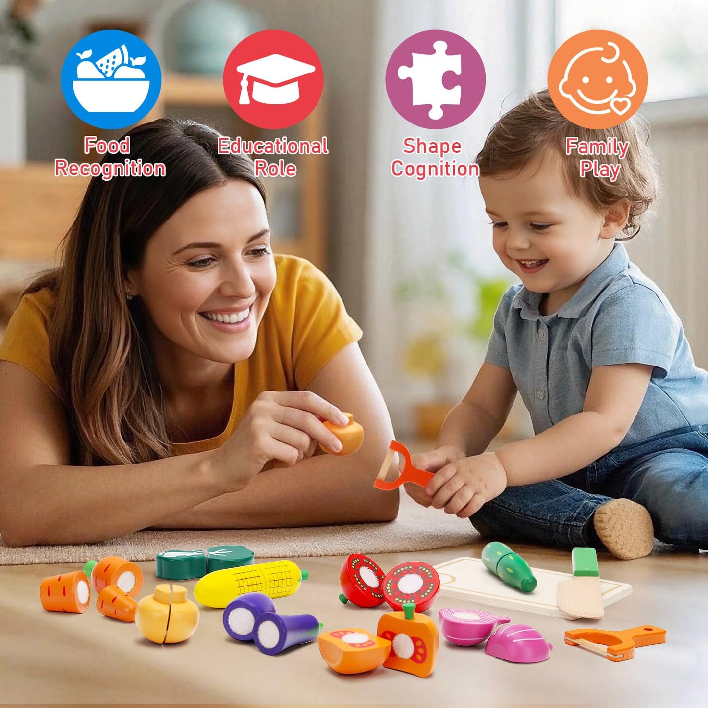 HOTMOODSY Wooden Play Food Set for Toddlers – Pretend Kitchen Veggies Cutting Set, Montessori Gift