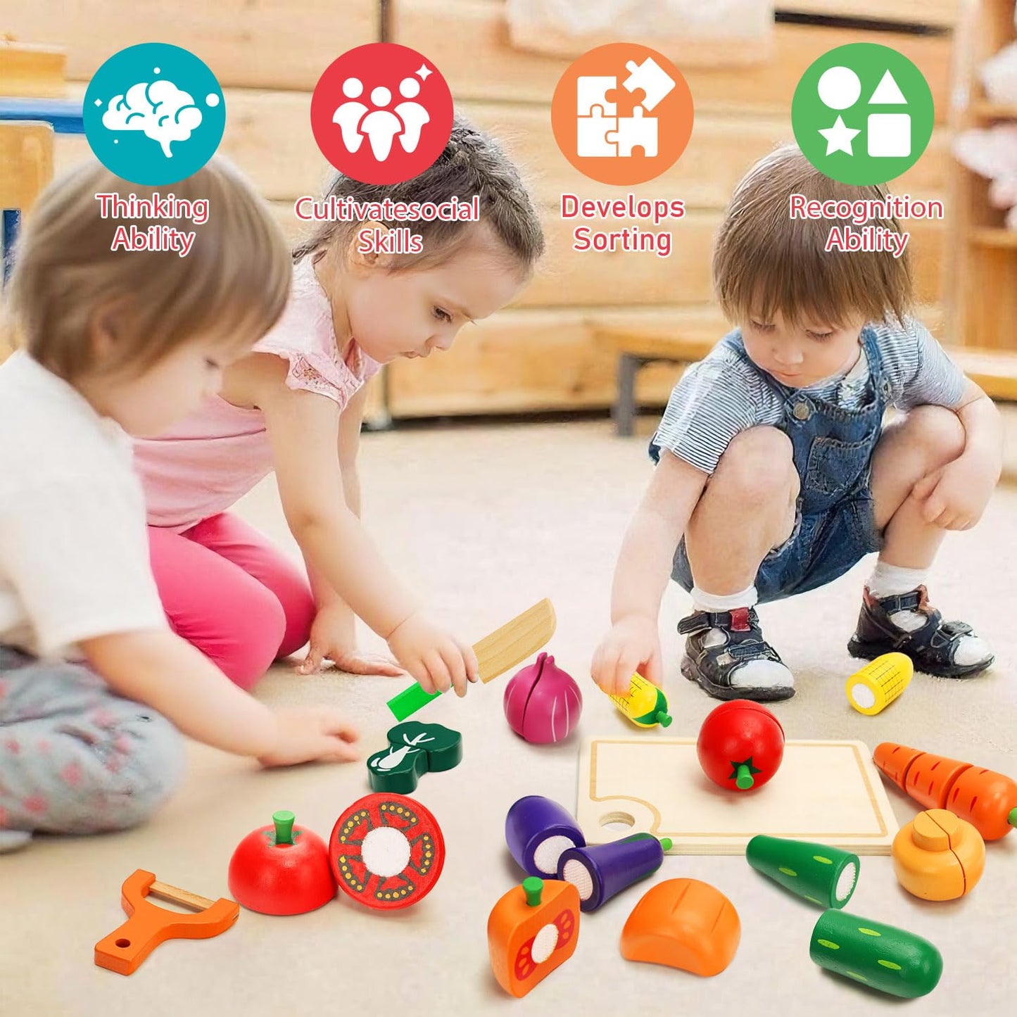 HOTMOODSY Wooden Play Food Set for Toddlers – Pretend Kitchen Veggies Cutting Set, Montessori Gift