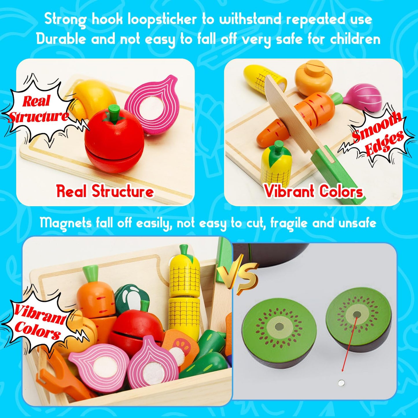 HOTMOODSY Wooden Play Food Set for Toddlers – Pretend Kitchen Veggies Cutting Set, Montessori Gift