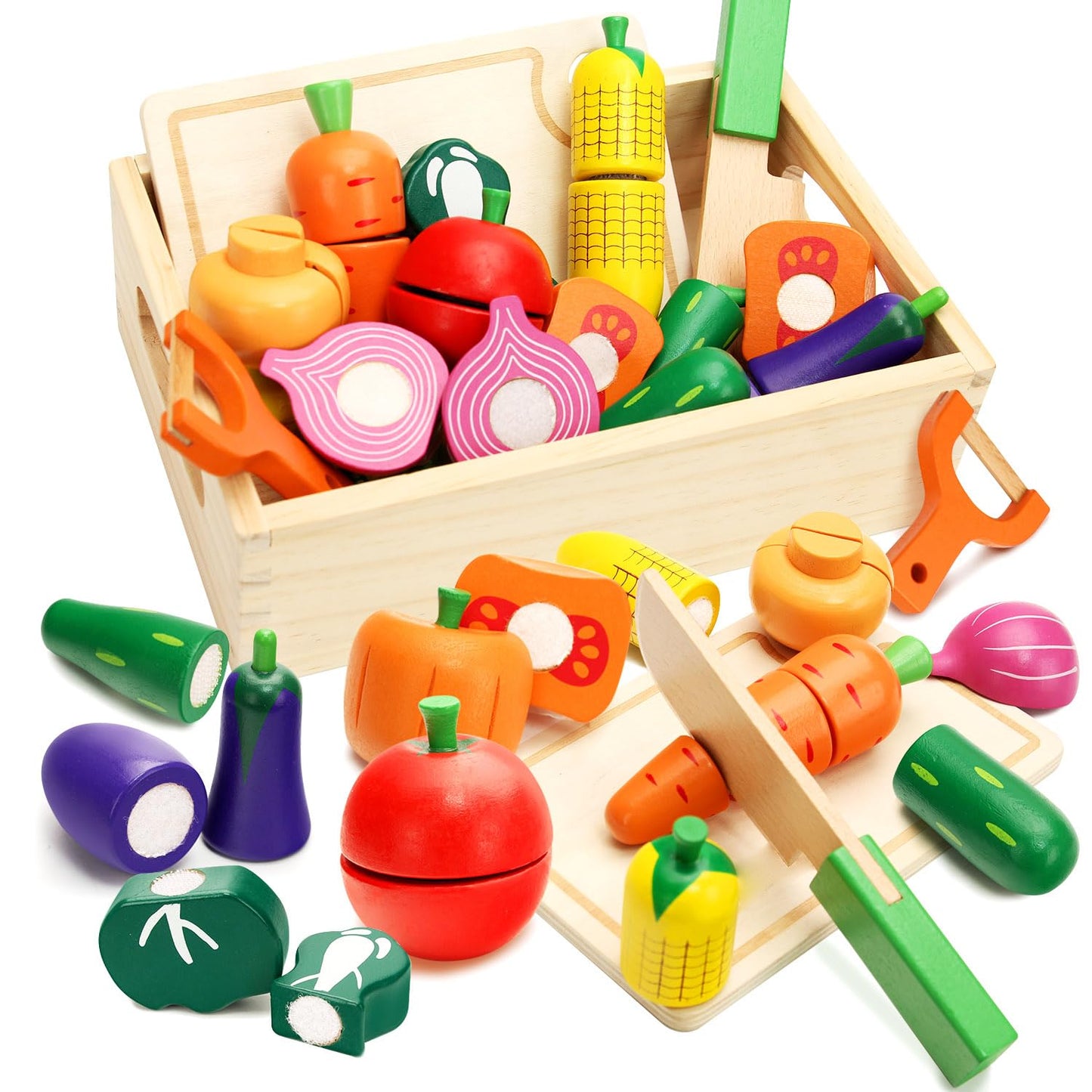 HOTMOODSY Wooden Play Food Set for Toddlers – Pretend Kitchen Veggies Cutting Set, Montessori Gift