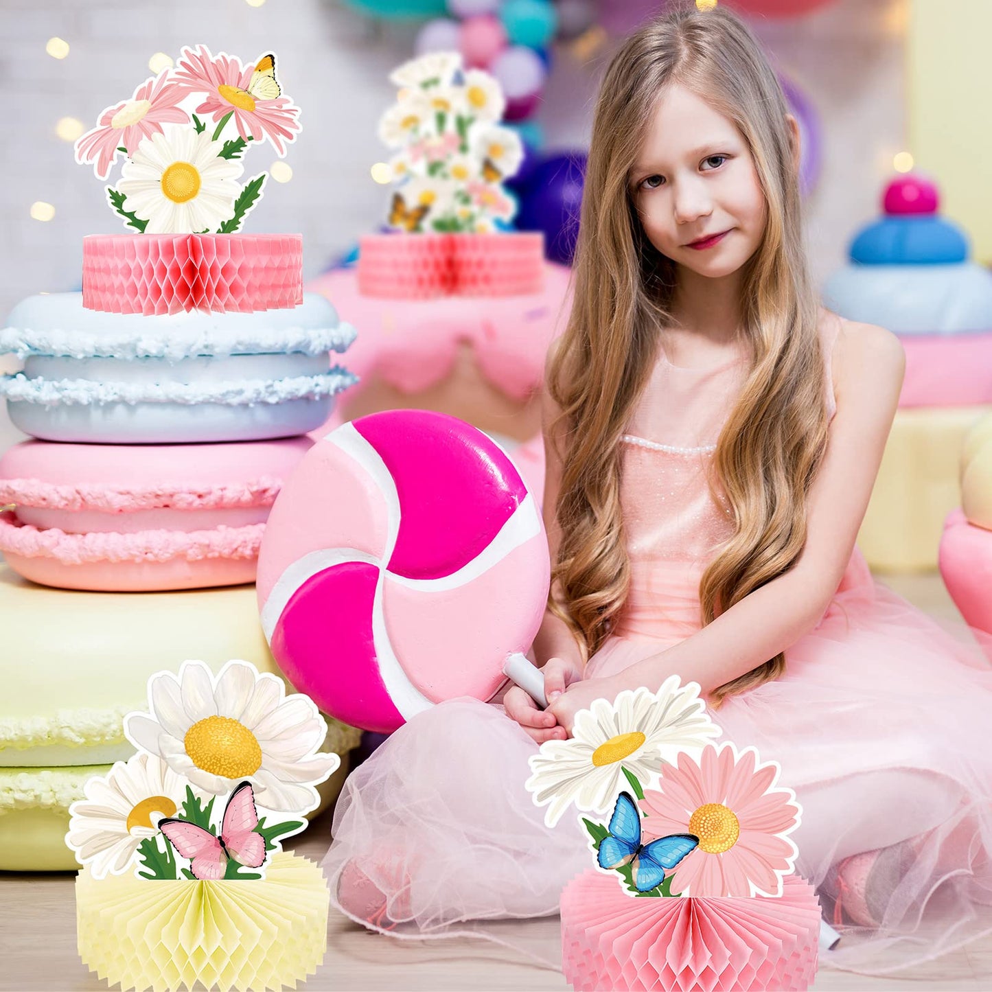Hotop 9 Pcs Daisy Honeycomb Centerpieces – Pink Birthday Party Decor